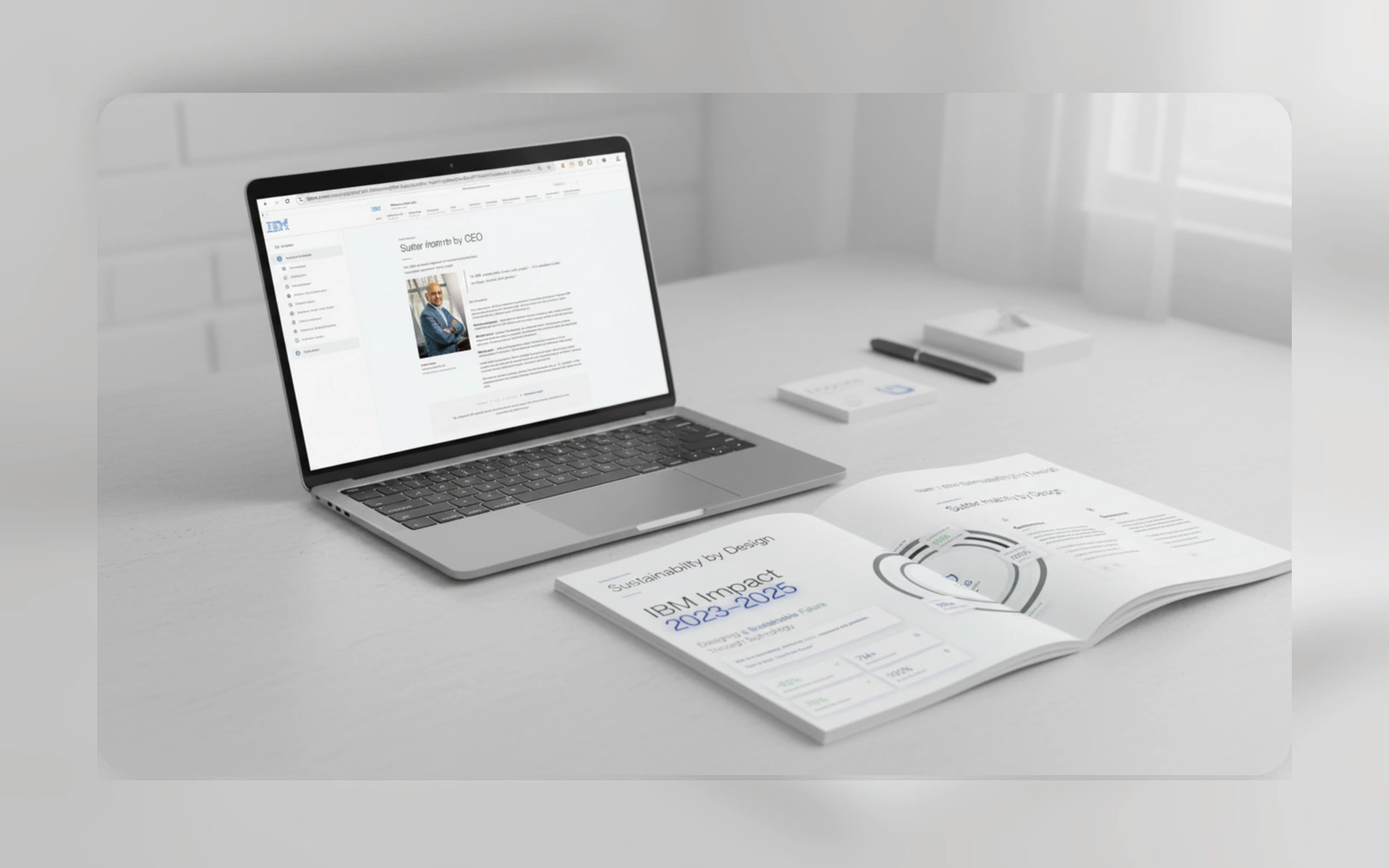 IBM report mockup with laptop.