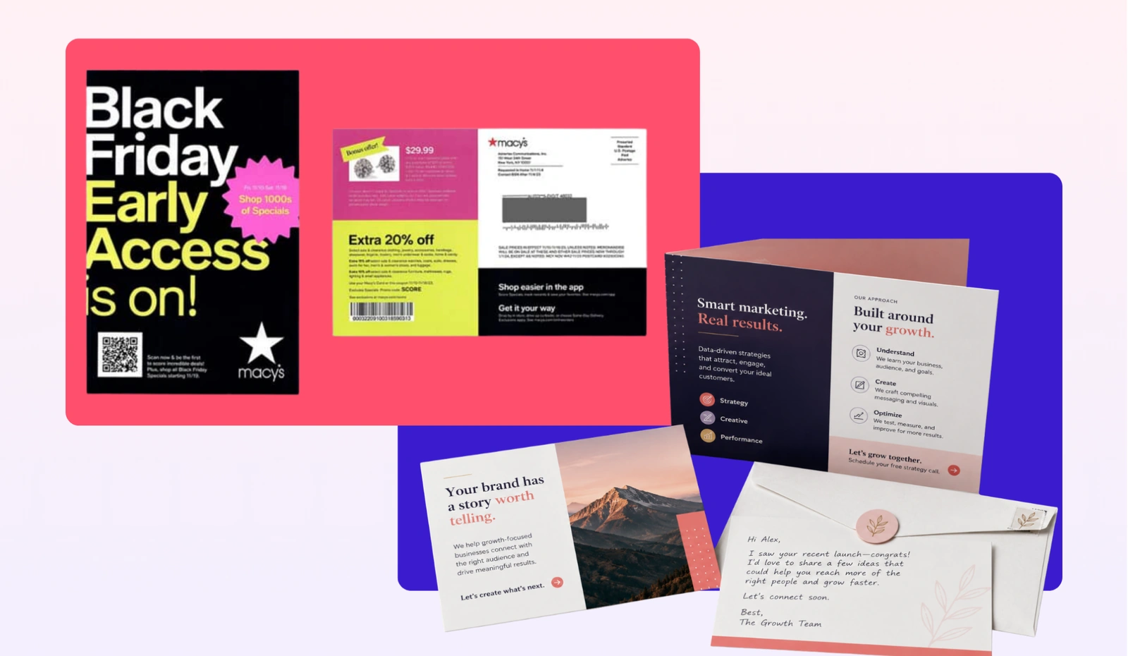 Direct mail postcard, envelope, and bifold mockup.